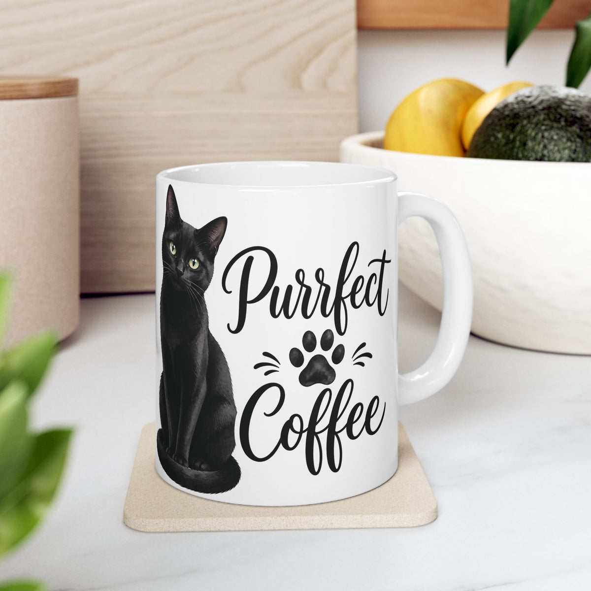 "Purrfect Coffee" Black Cat Ceramic Mug - Cozy Aesthetic Paw Print Coffee Cup, Cat Mom Gift 11oz