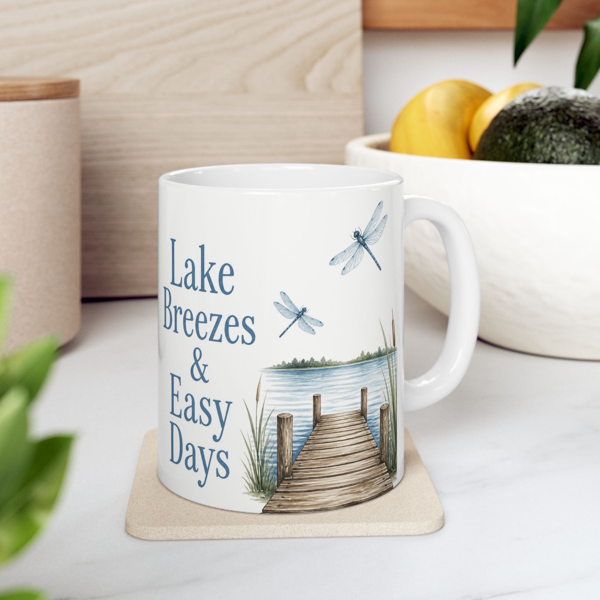 Lake Breezes & Easy Days Ceramic Mug — Lakeside Dock Scene Coffee Cup (11oz/15oz)