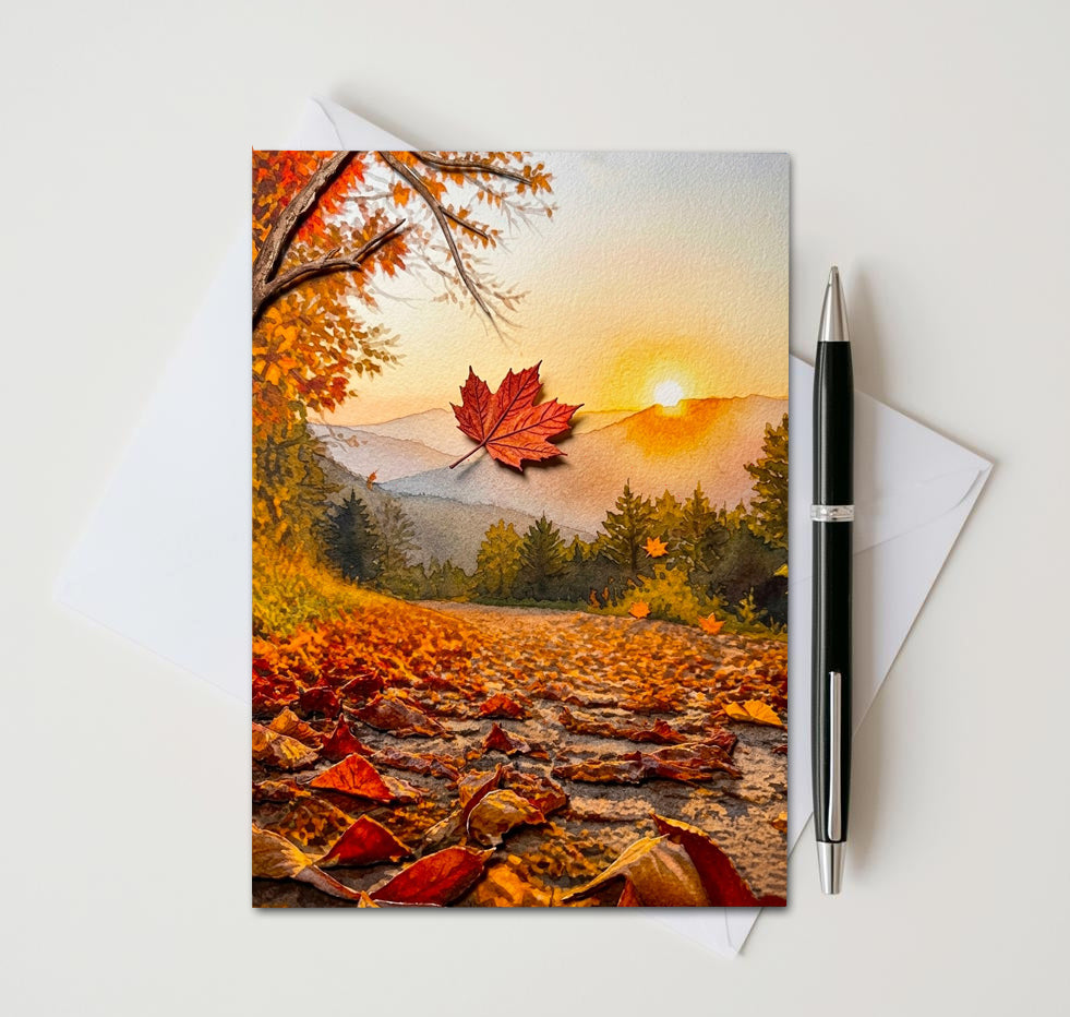 Fall Maple Leaf Note Cards Set of 8, Autumn Foliage Blank 5X7 Greeting Cards, Scenic Woodland Nature Stationery, Thanksgiving Gift Pack