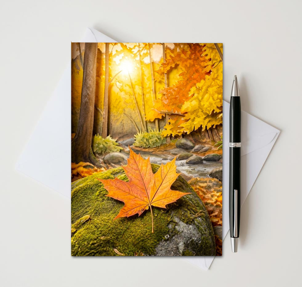 Fall Maple Leaf Note Cards Set of 8, Autumn Foliage Blank 5X7 Greeting Cards, Scenic Woodland Nature Stationery, Thanksgiving Gift Pack