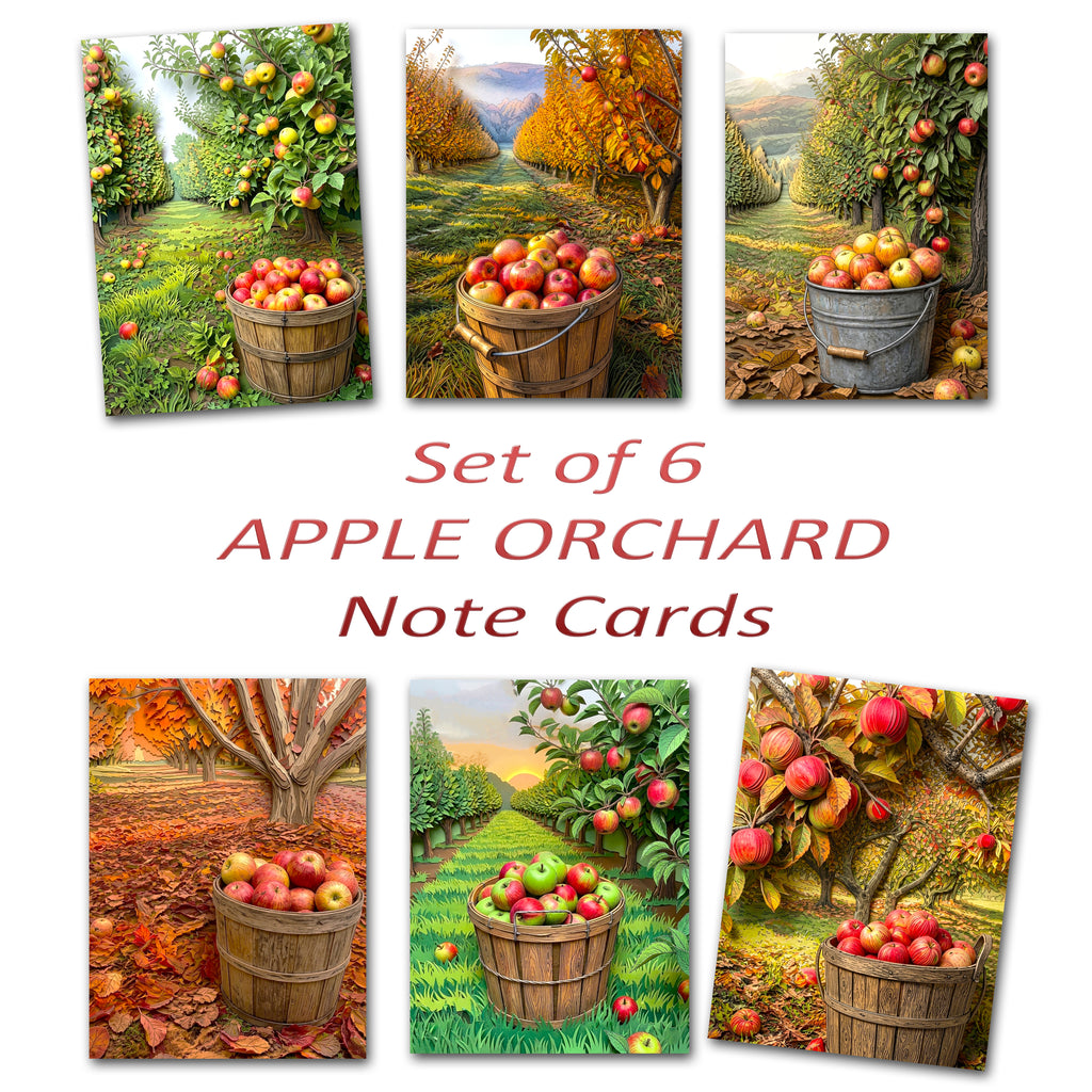 Apple Orchard Note Cards, Set of 6 Handmade 5x7 Autumn Harvest Greeting Cards
