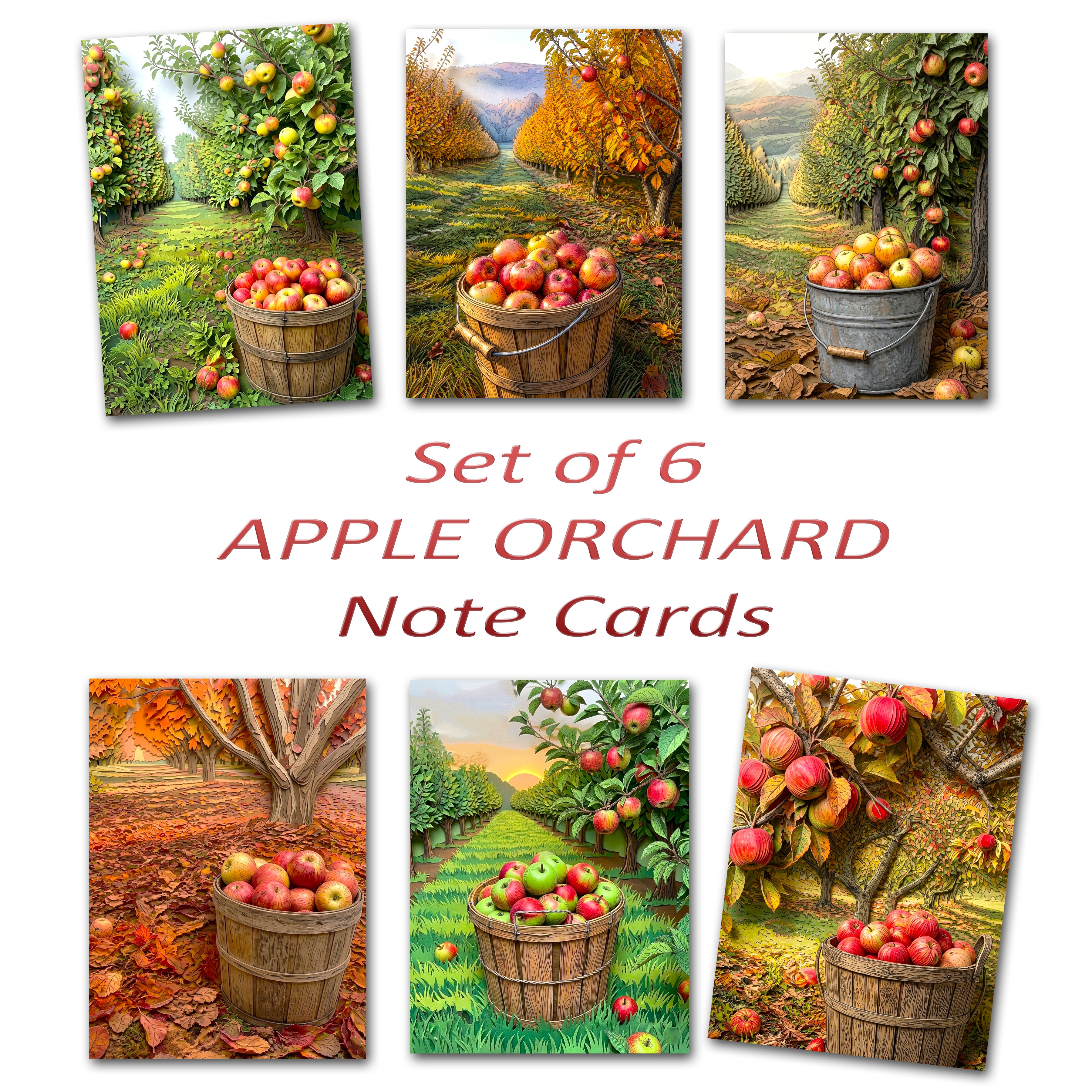 Apple Orchard Note Cards, Set of 6 Handmade 5x7 Autumn Harvest Greeting Cards