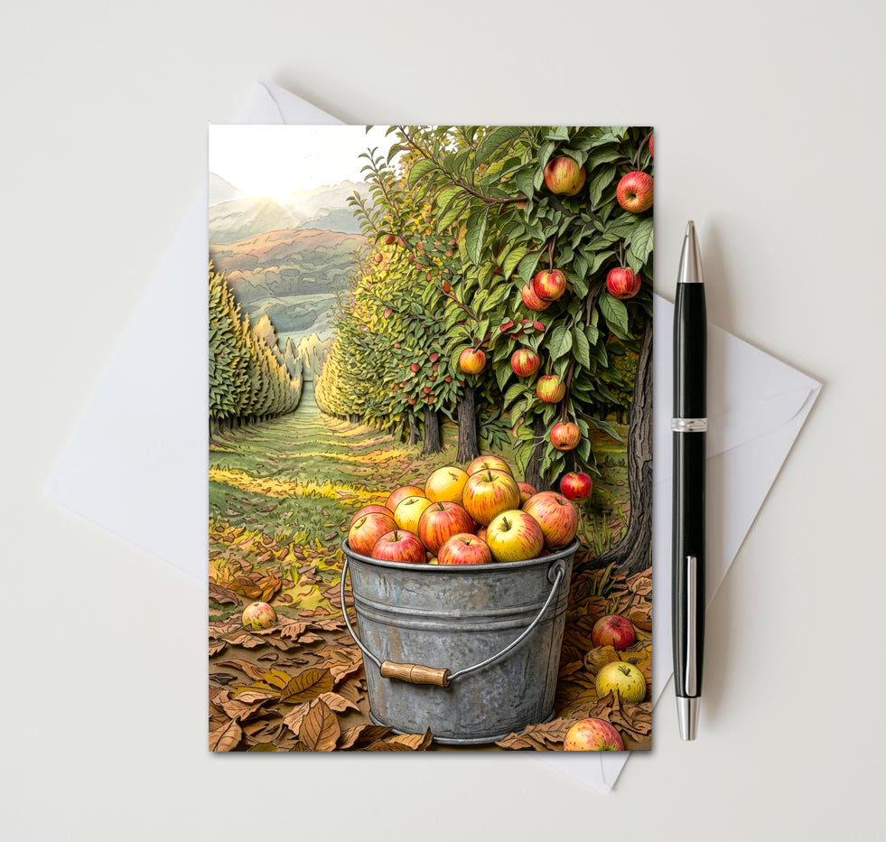 Apple Orchard Note Cards, Set of 6 Handmade 5x7 Autumn Harvest Greeting Cards