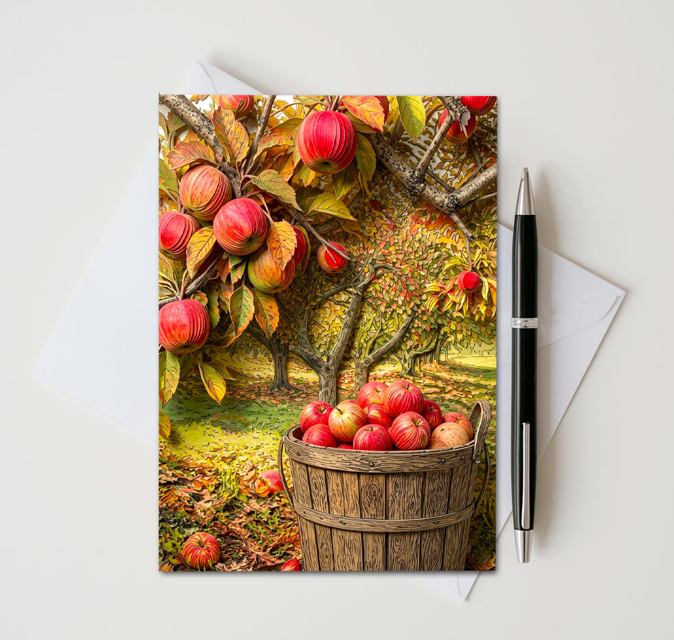 Apple Orchard Note Cards, Set of 6 Handmade 5x7 Autumn Harvest Greeting Cards