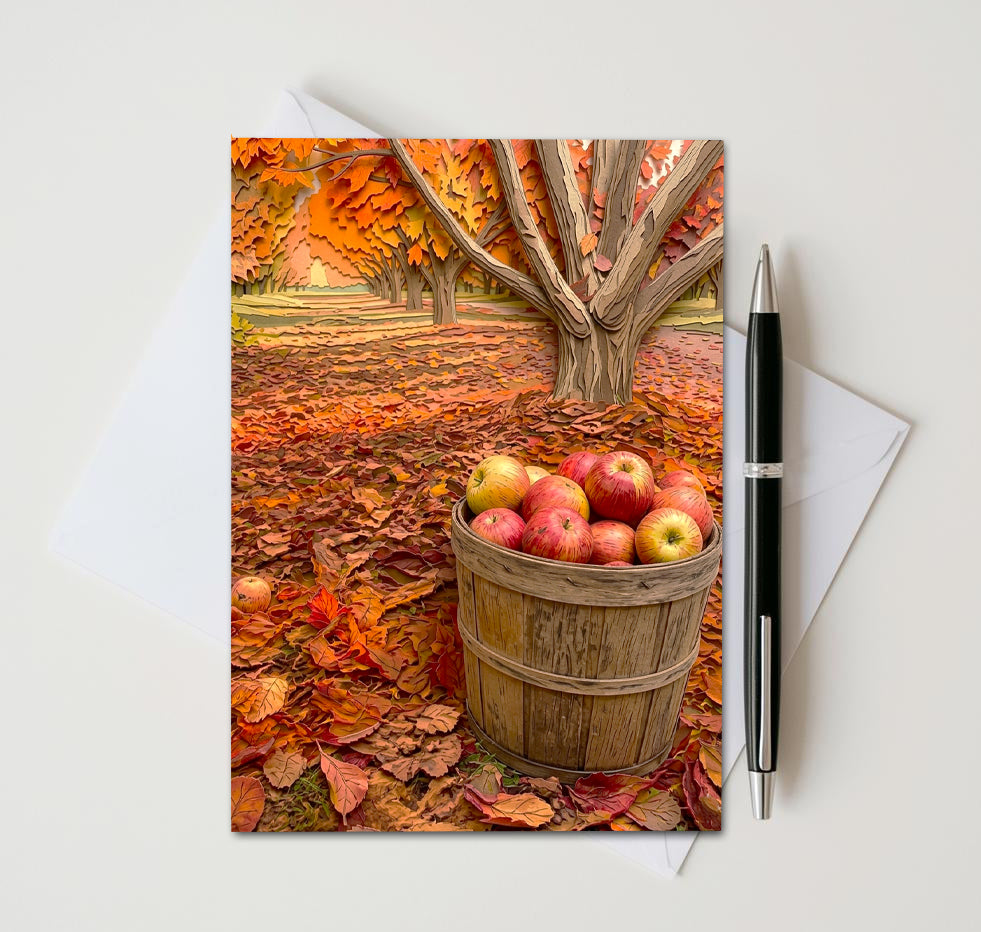 Apple Orchard Note Cards, Set of 6 Handmade 5x7 Autumn Harvest Greeting Cards