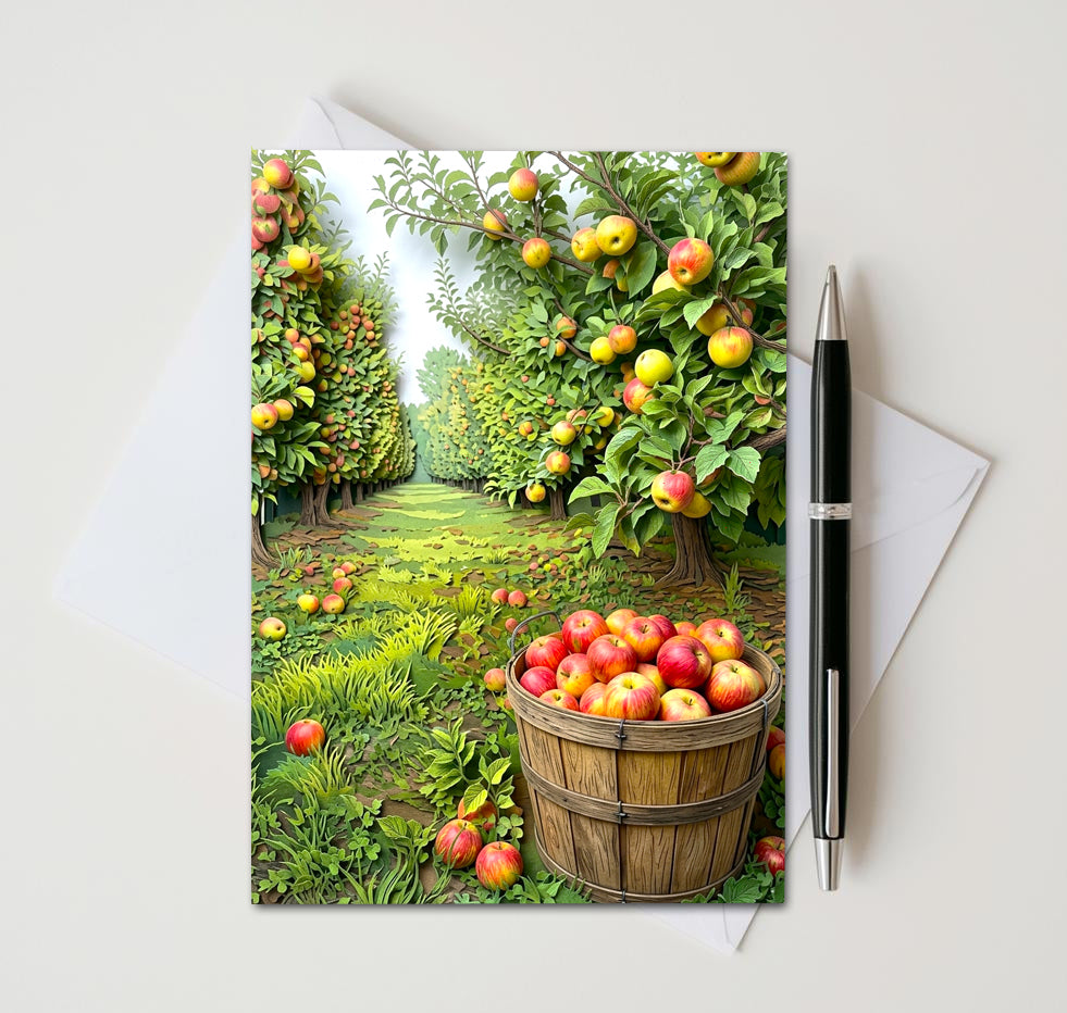 Apple Orchard Note Cards, Set of 6 Handmade 5x7 Autumn Harvest Greeting Cards