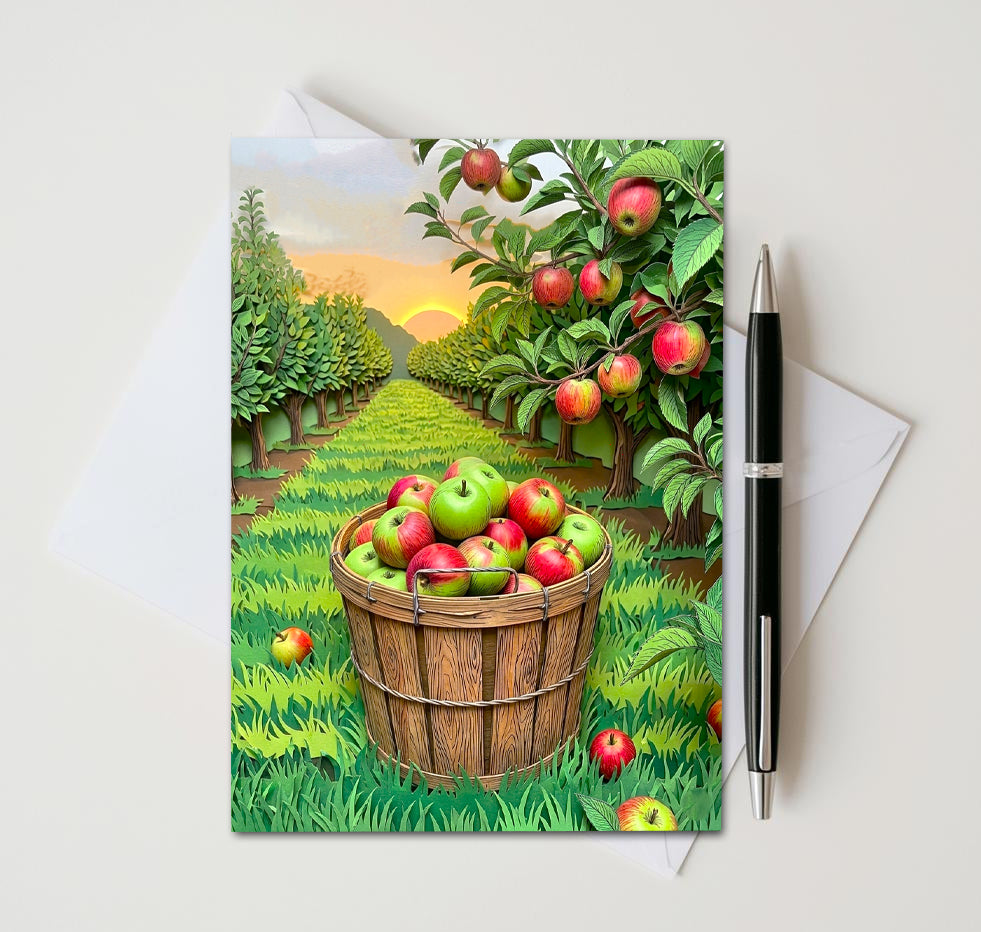 Apple Orchard Note Cards, Set of 6 Handmade 5x7 Autumn Harvest Greeting Cards