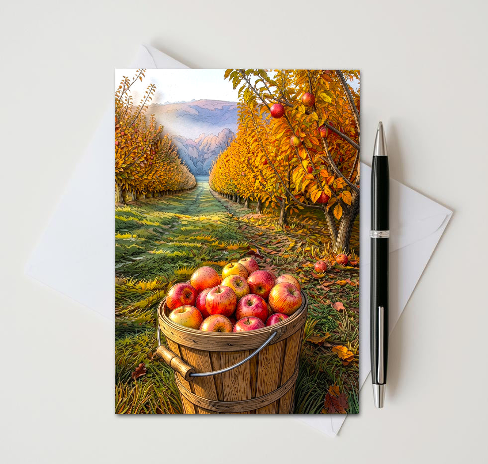 Apple Orchard Note Cards, Set of 6 Handmade 5x7 Autumn Harvest Greeting Cards
