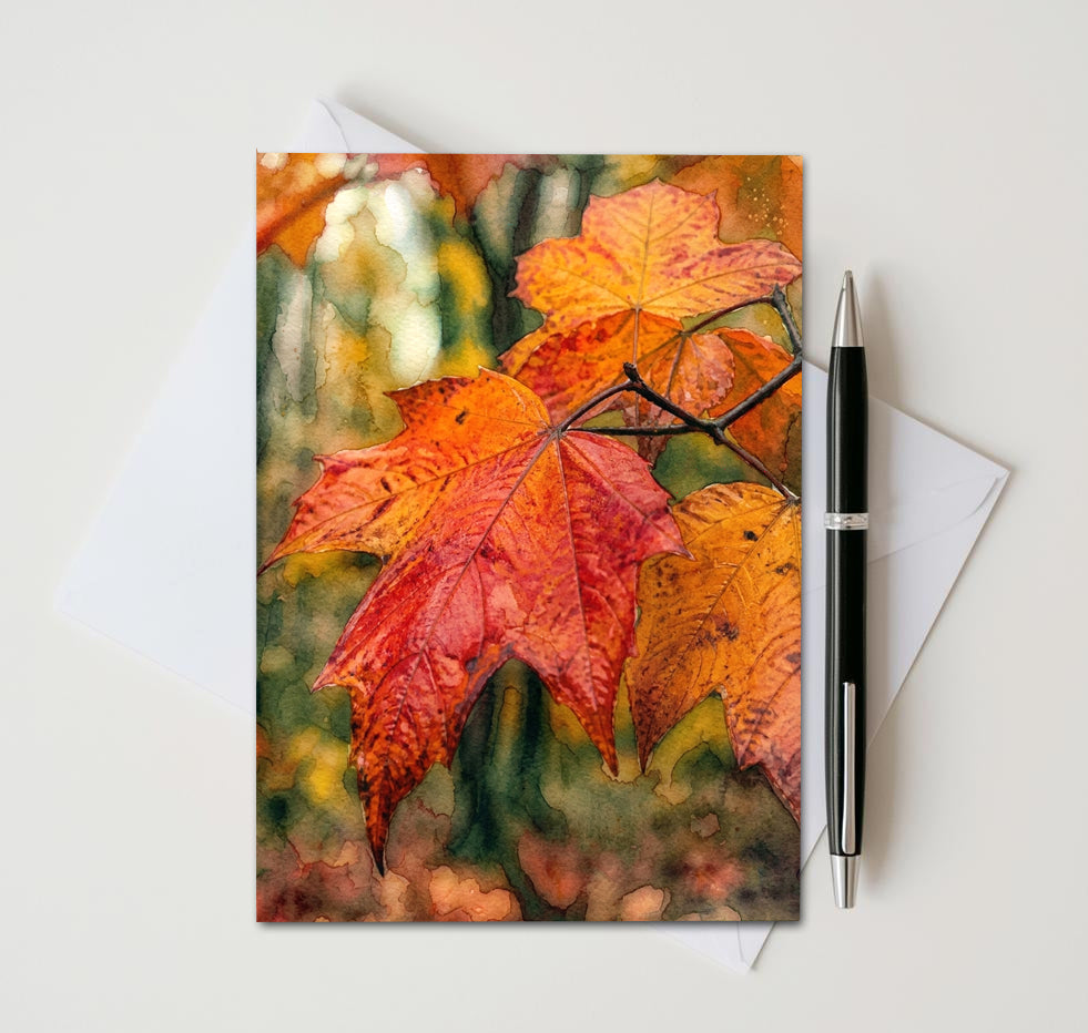 Autumn Glow Note Cards, Set of 8 Handmade 5x7 Fall Leaves Greeting Cards