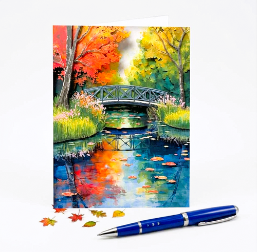 Colorful painting of a bridge over water with autumn trees on note card and a blue pen in front of card