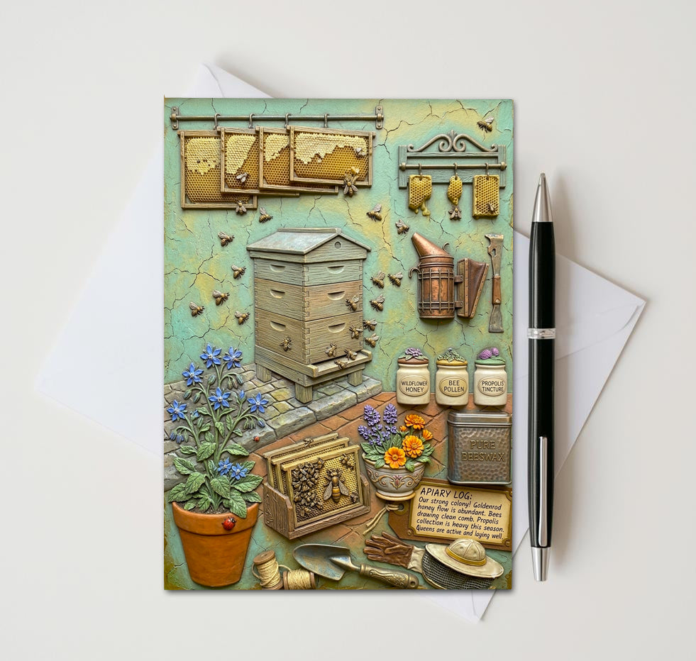 Bee & Honeycomb Note Card, Handmade 5x7 Apiary Greeting Card