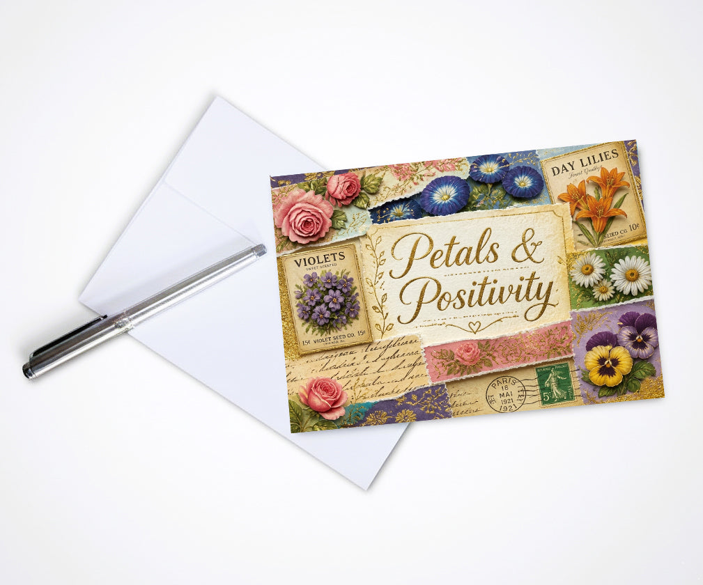 Vintage Petals Positivity Note Cards, Set Of 8 Handmade 5x7 Floral Collage Greeting Cards