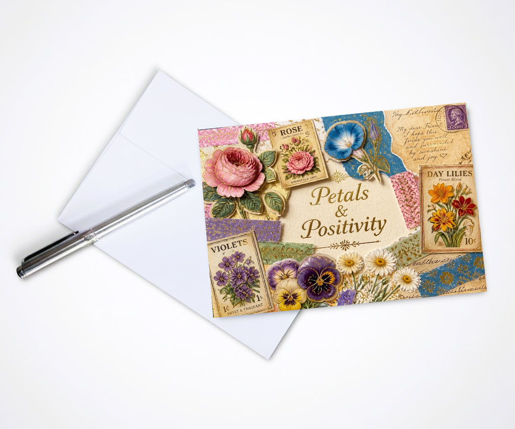 Vintage Petals Positivity Note Cards, Set Of 8 Handmade 5x7 Floral Collage Greeting Cards