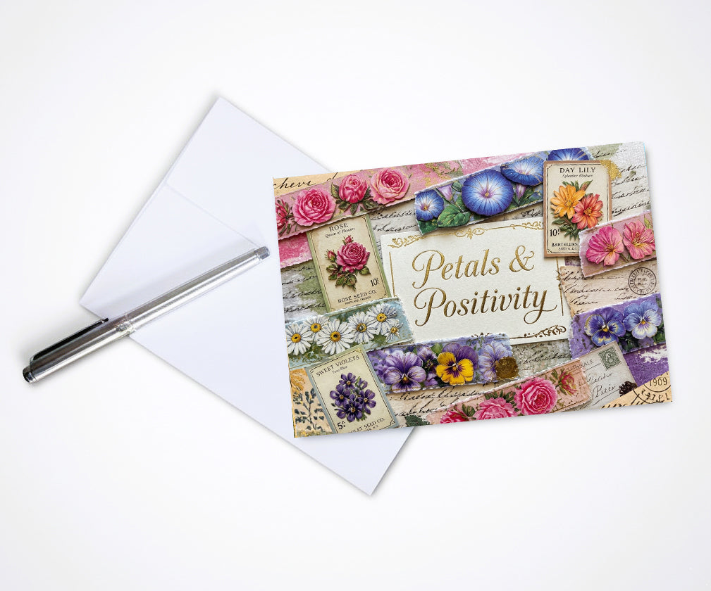 Vintage Petals Positivity Note Cards, Set Of 8 Handmade 5x7 Floral Collage Greeting Cards