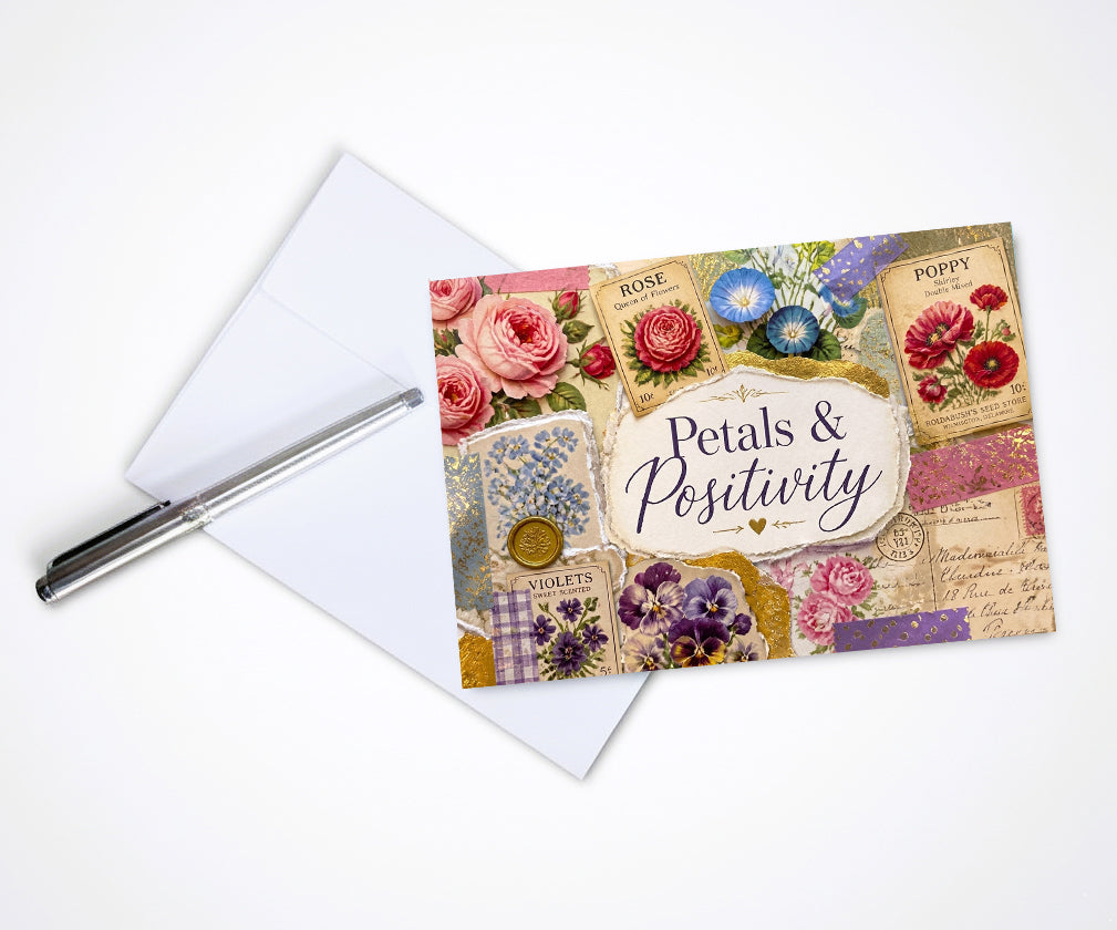 Vintage Petals Positivity Note Cards, Set Of 8 Handmade 5x7 Floral Collage Greeting Cards