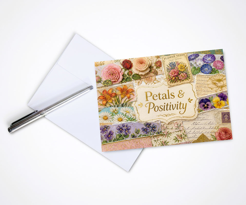 Vintage Petals Positivity Note Cards, Set Of 8 Handmade 5x7 Floral Collage Greeting Cards