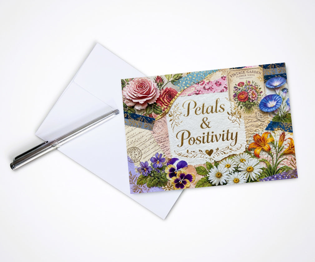 Vintage Petals Positivity Note Cards, Set Of 8 Handmade 5x7 Floral Collage Greeting Cards
