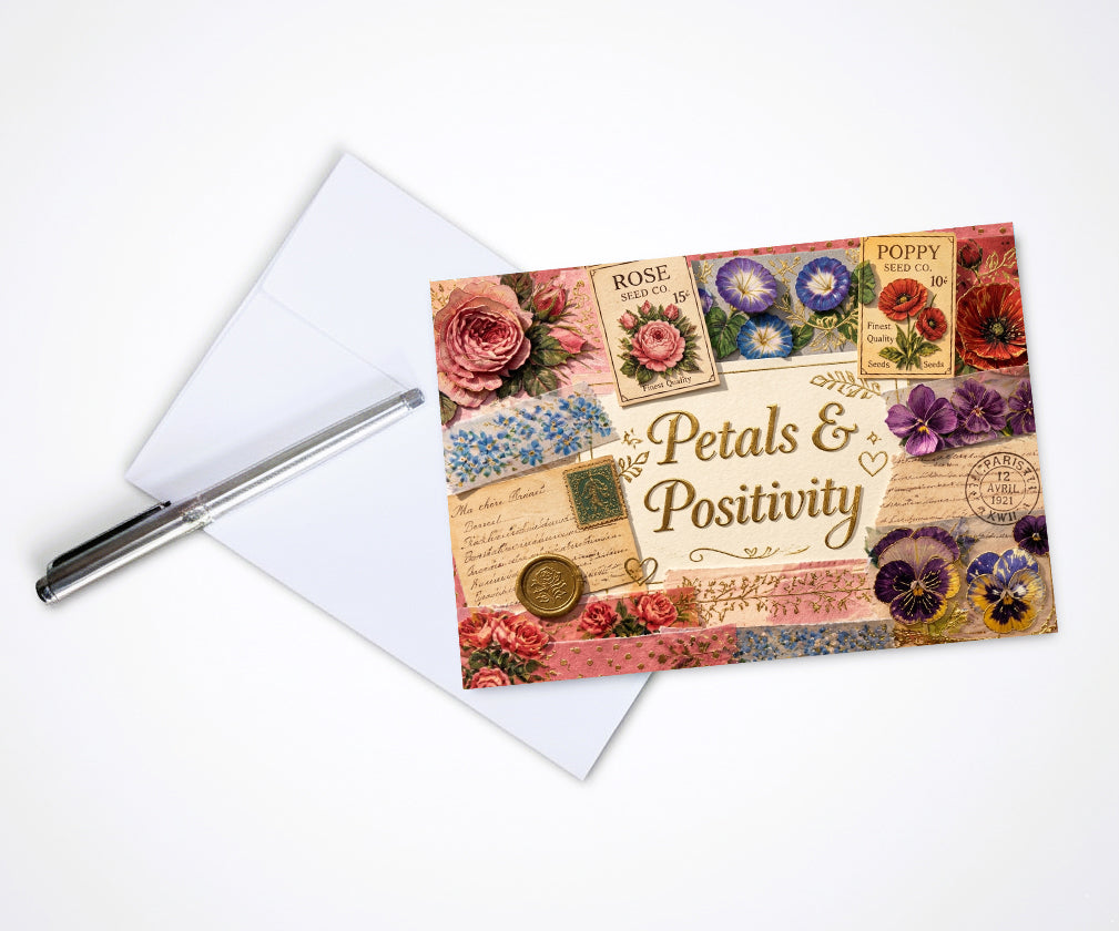 Vintage Petals Positivity Note Cards, Set Of 8 Handmade 5x7 Floral Collage Greeting Cards