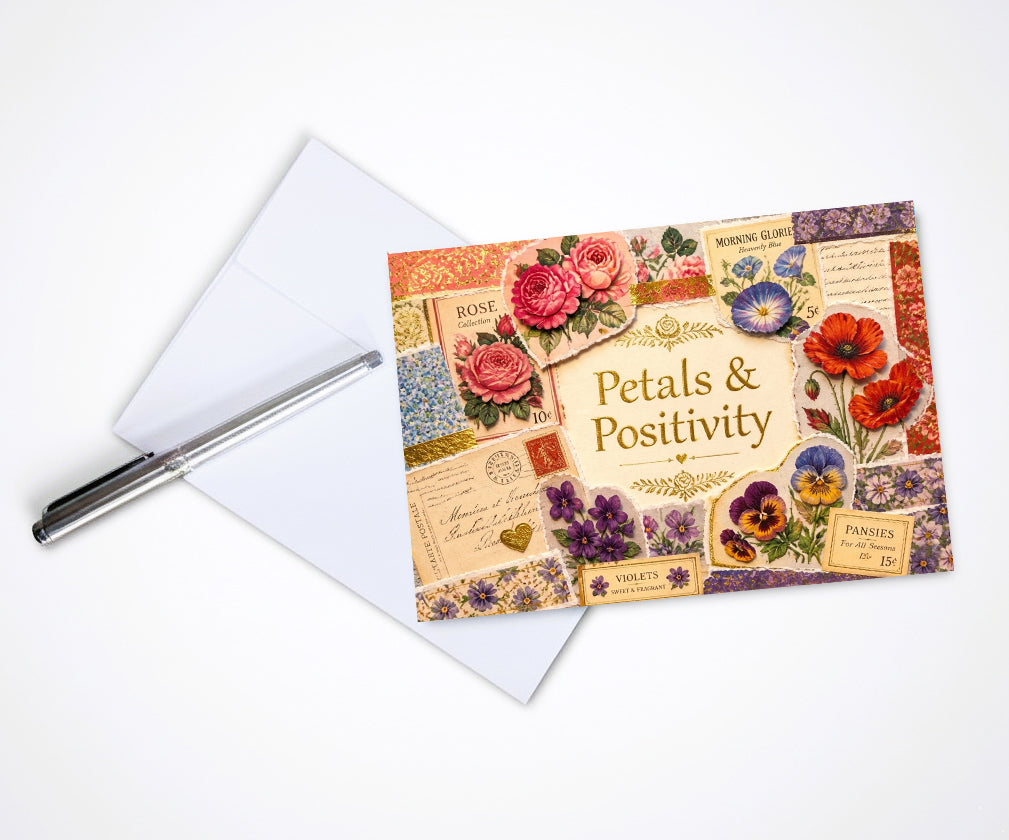 Vintage Petals Positivity Note Cards, Set Of 8 Handmade 5x7 Floral Collage Greeting Cards