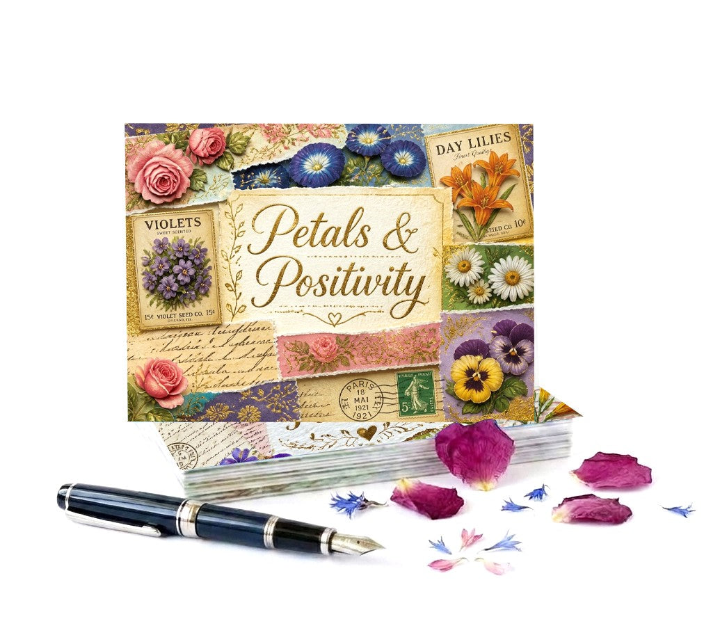 Vintage Petals Positivity Note Cards, Set Of 8 Handmade 5x7 Floral Collage Greeting Cards