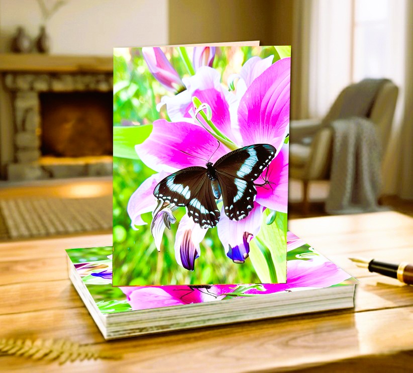 Butterfly On Pink Flower Note Cards | Handmade Nature Stationery Set