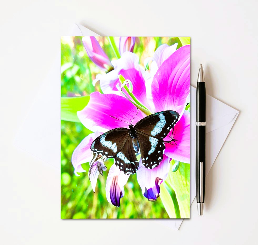 Butterfly On Pink Flower Note Cards | Handmade Nature Stationery Set
