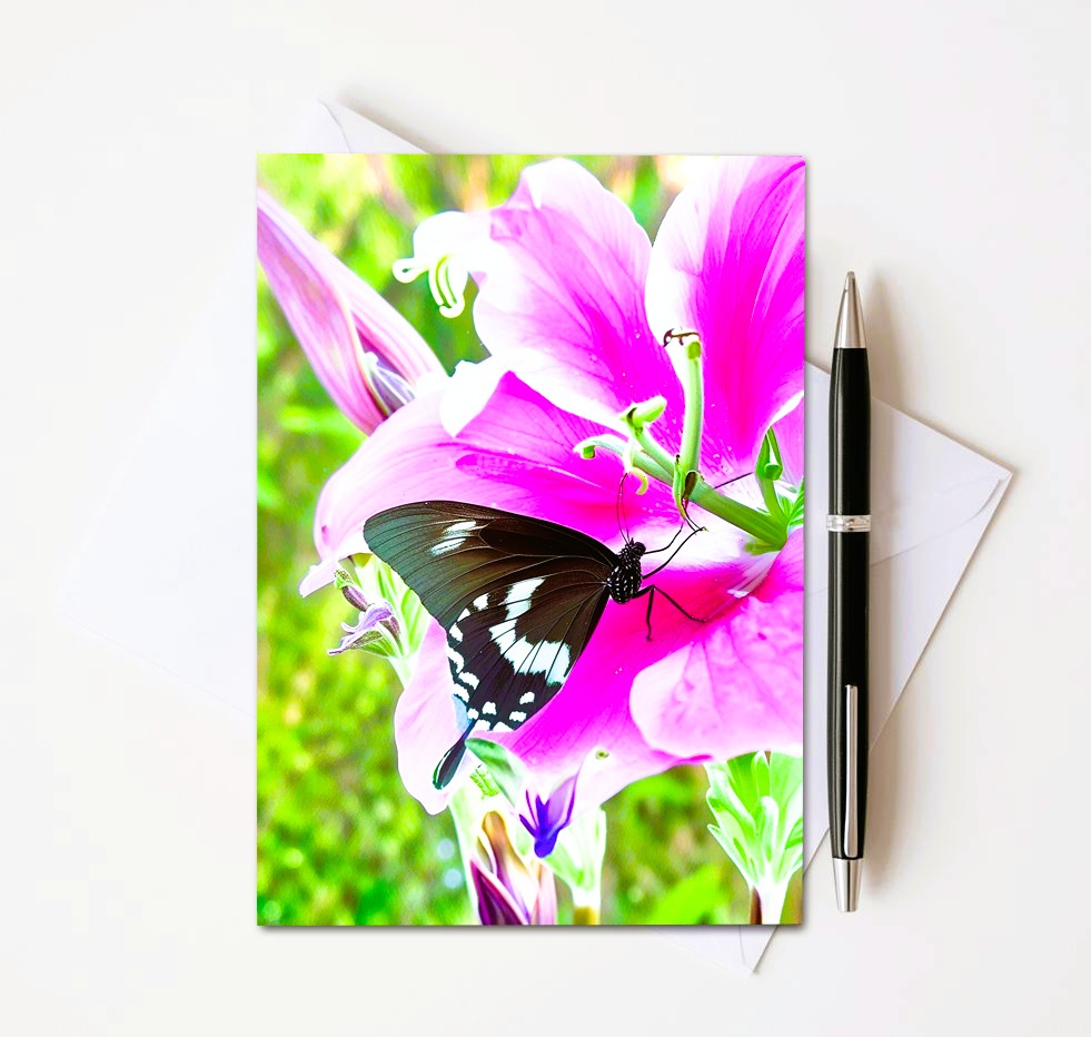 Butterfly On Pink Flower Note Cards | Handmade Nature Stationery Set
