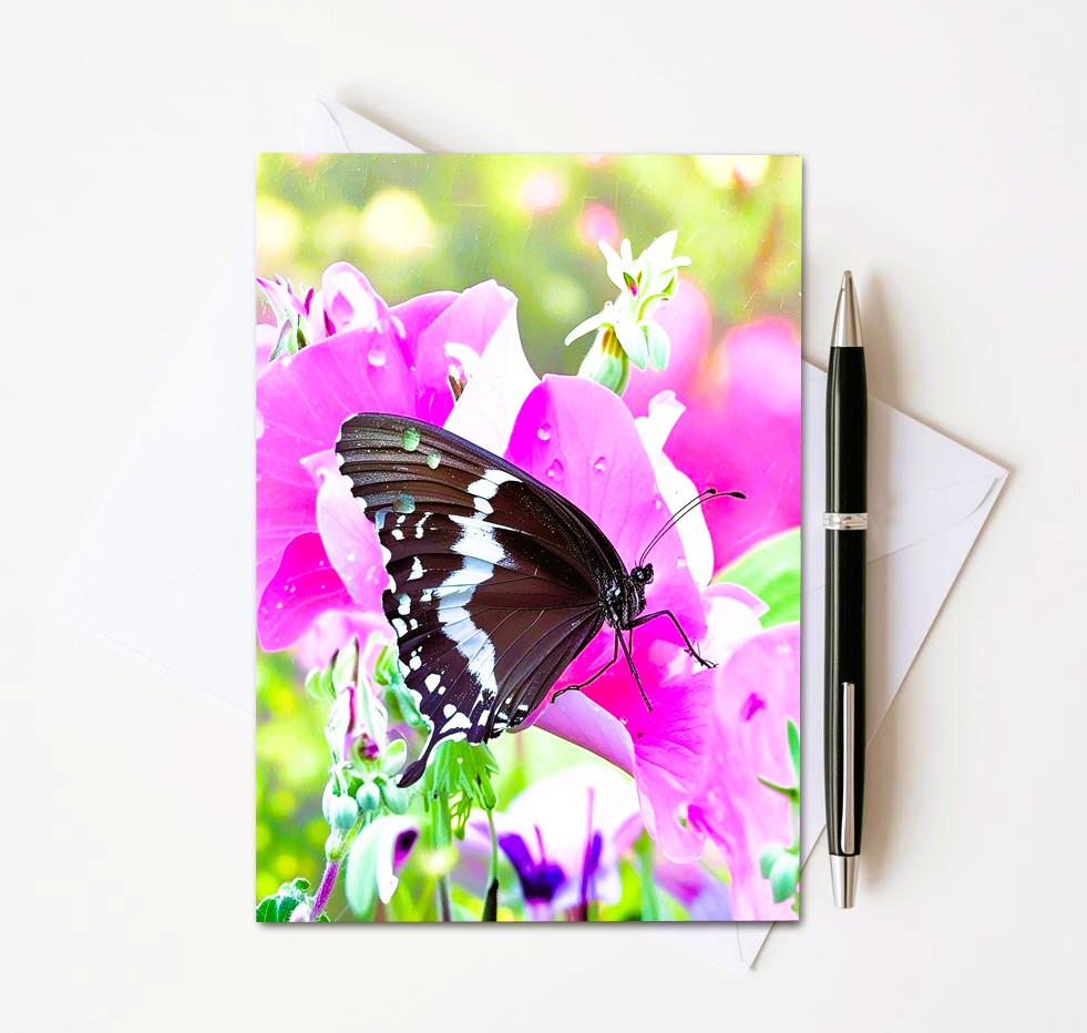 Butterfly On Pink Flower Note Cards | Handmade Nature Stationery Set