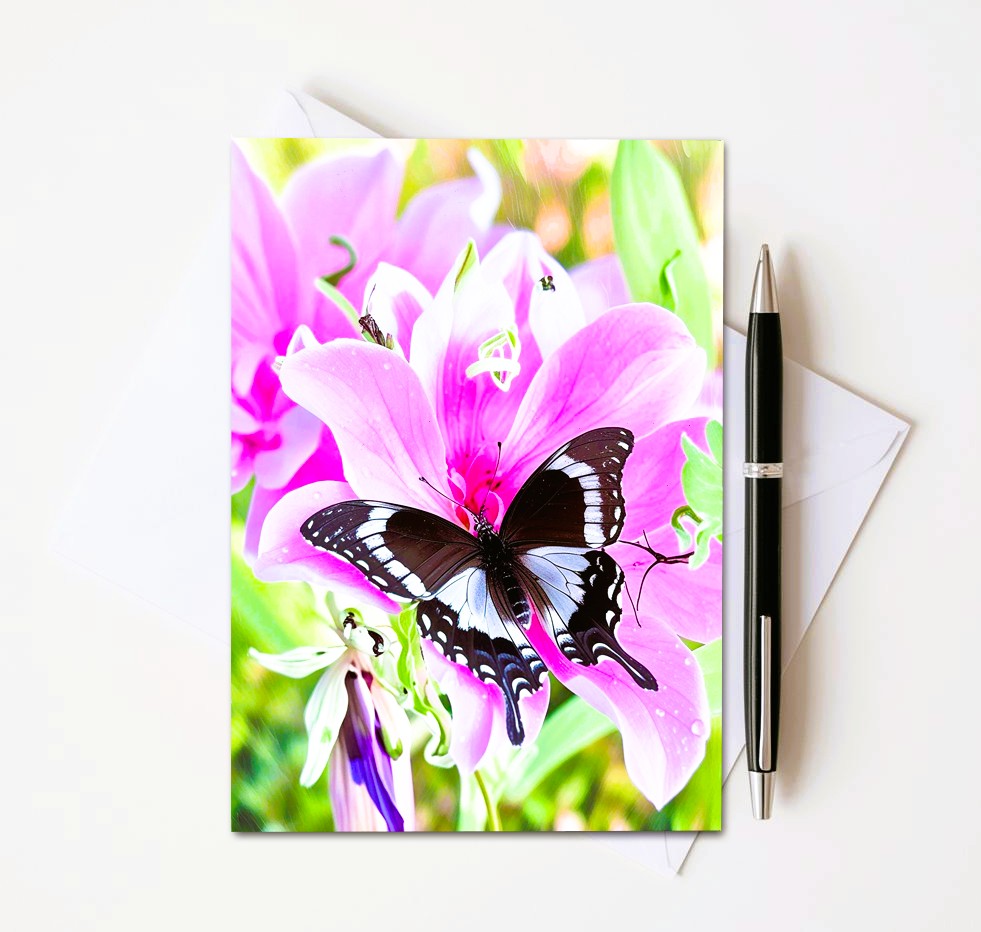 Butterfly On Pink Flower Note Cards | Handmade Nature Stationery Set