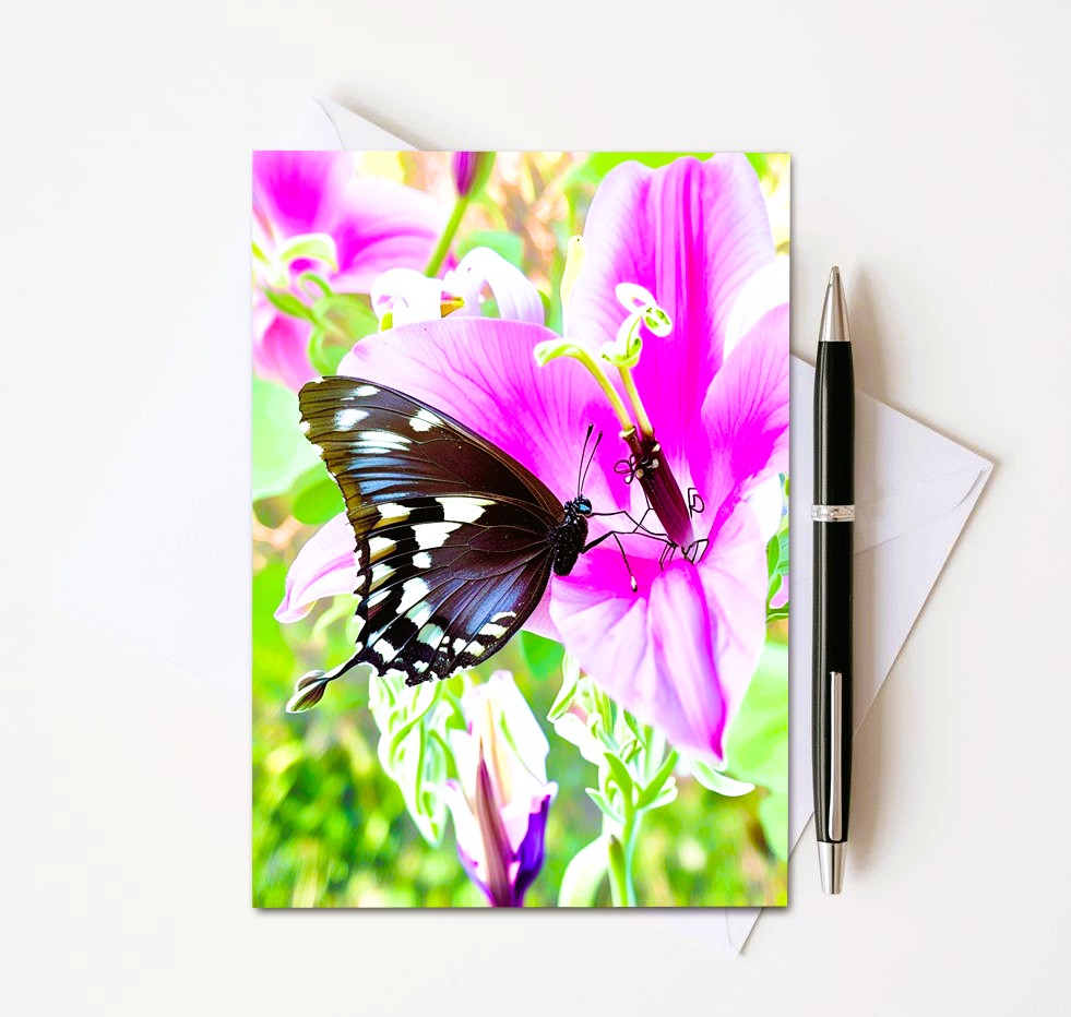 Butterfly On Pink Flower Note Cards | Handmade Nature Stationery Set