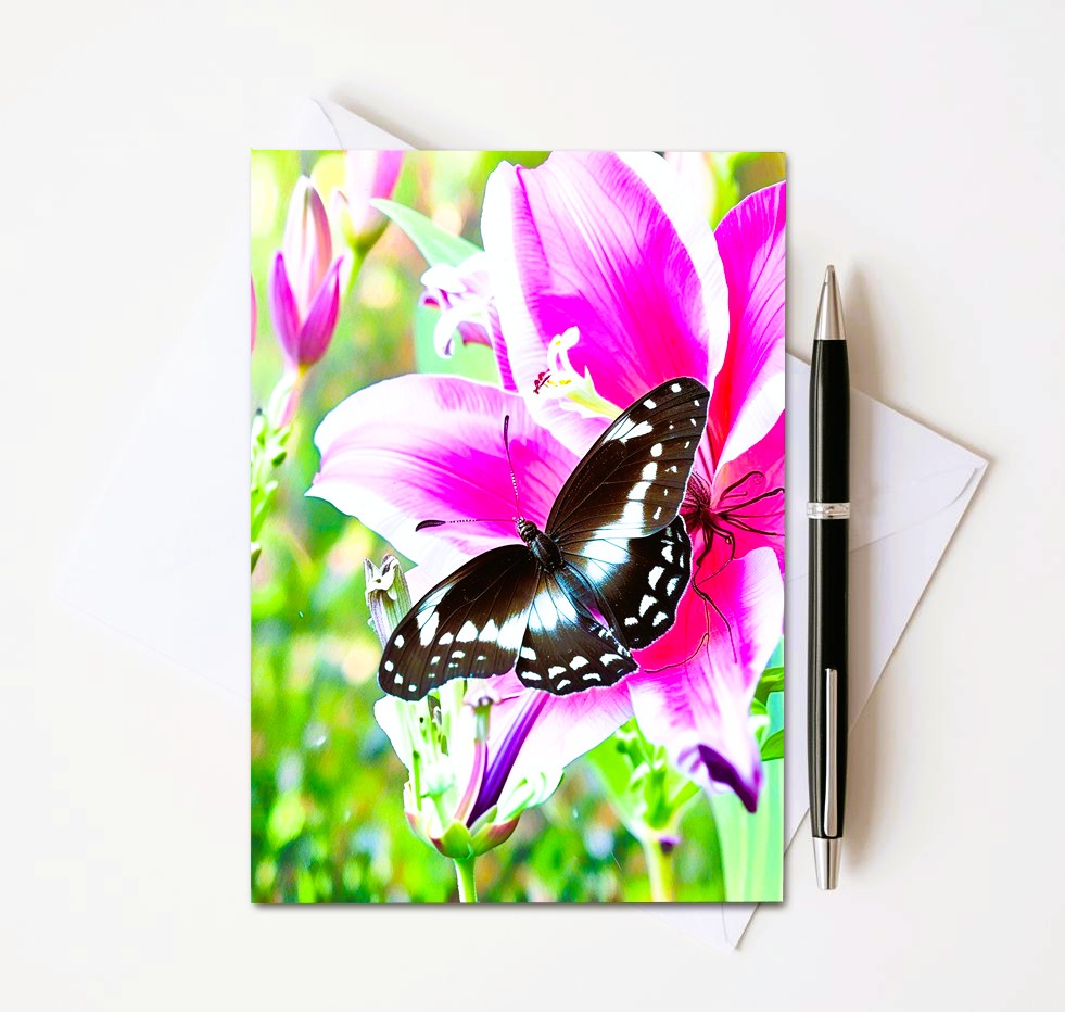 Butterfly On Pink Flower Note Cards | Handmade Nature Stationery Set