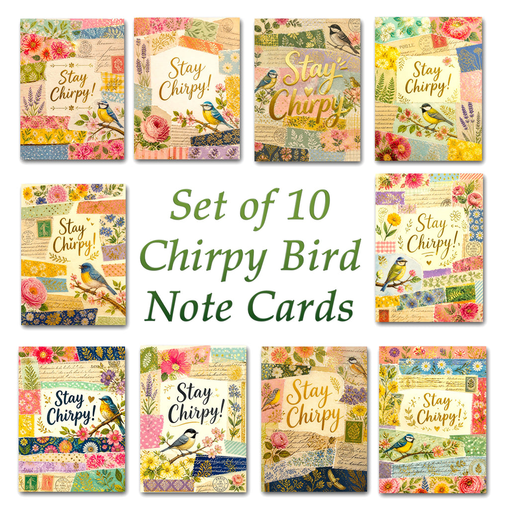 Vintage Chirpy Bird Note Cards, Set of 10 Handmade 5x7 Encouragement Greeting Cards