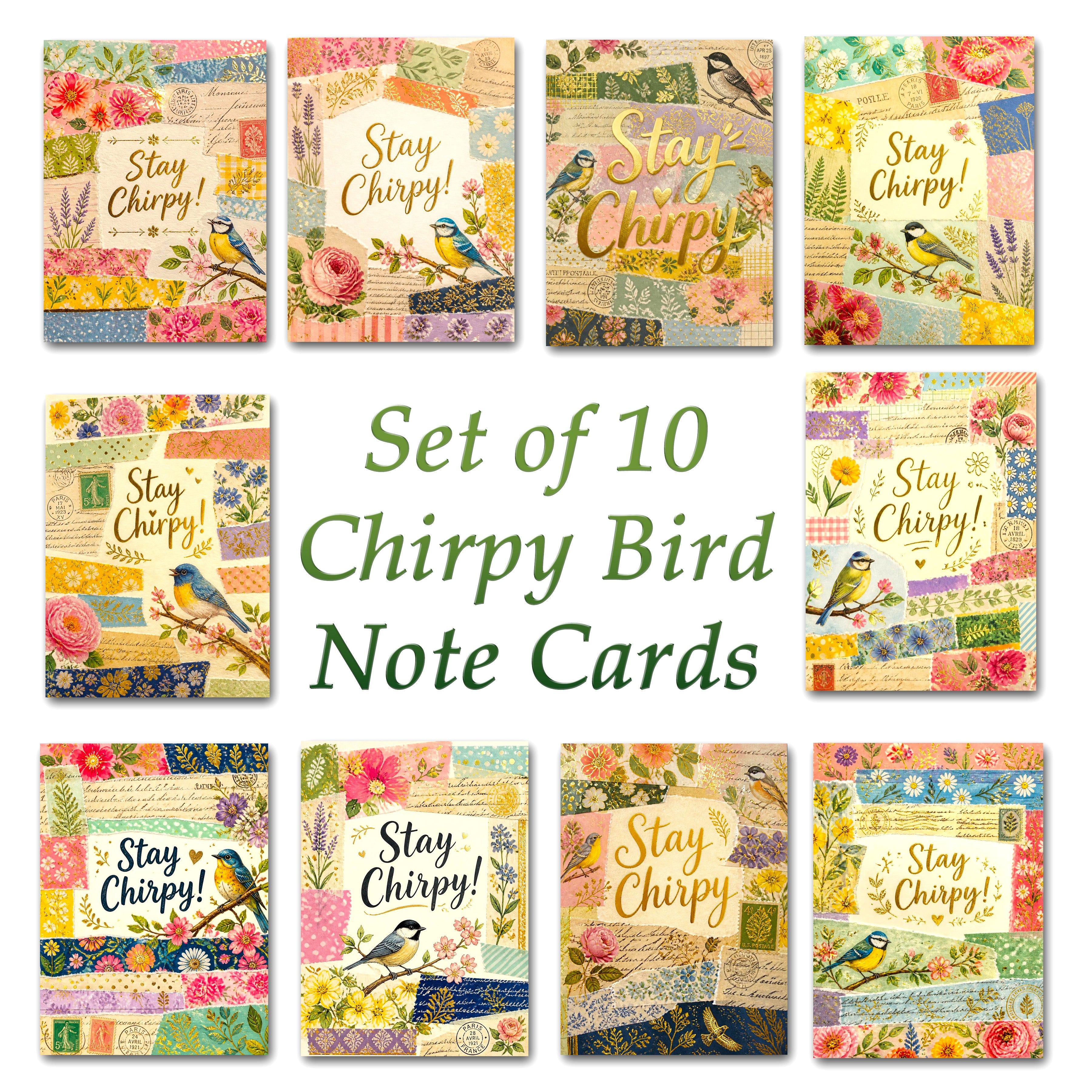 Vintage Chirpy Bird Note Cards, Set of 10 Handmade 5x7 Encouragement Greeting Cards