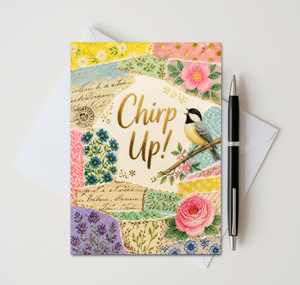 Chirp Up! Chickadee Note Card, Handmade 5x7 Encouragement Bird Greeting Card