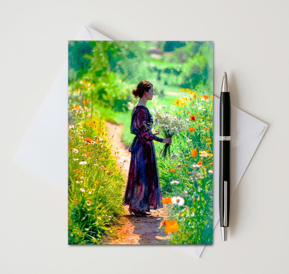Greeting card with a painting of a woman in a garden, pen, and envelope on a white background