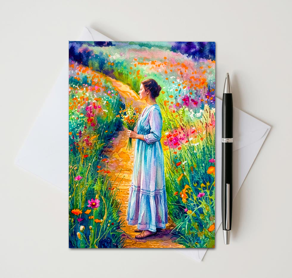 Greeting card with a painting of a woman in a garden, pen, and envelope on a white background