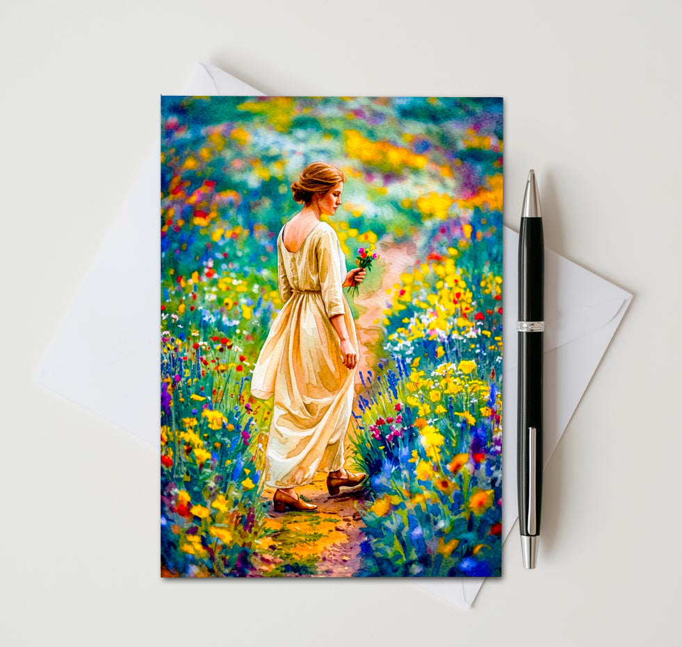 Greeting card with a woman in a field of flowers, pen, and envelope on a white background