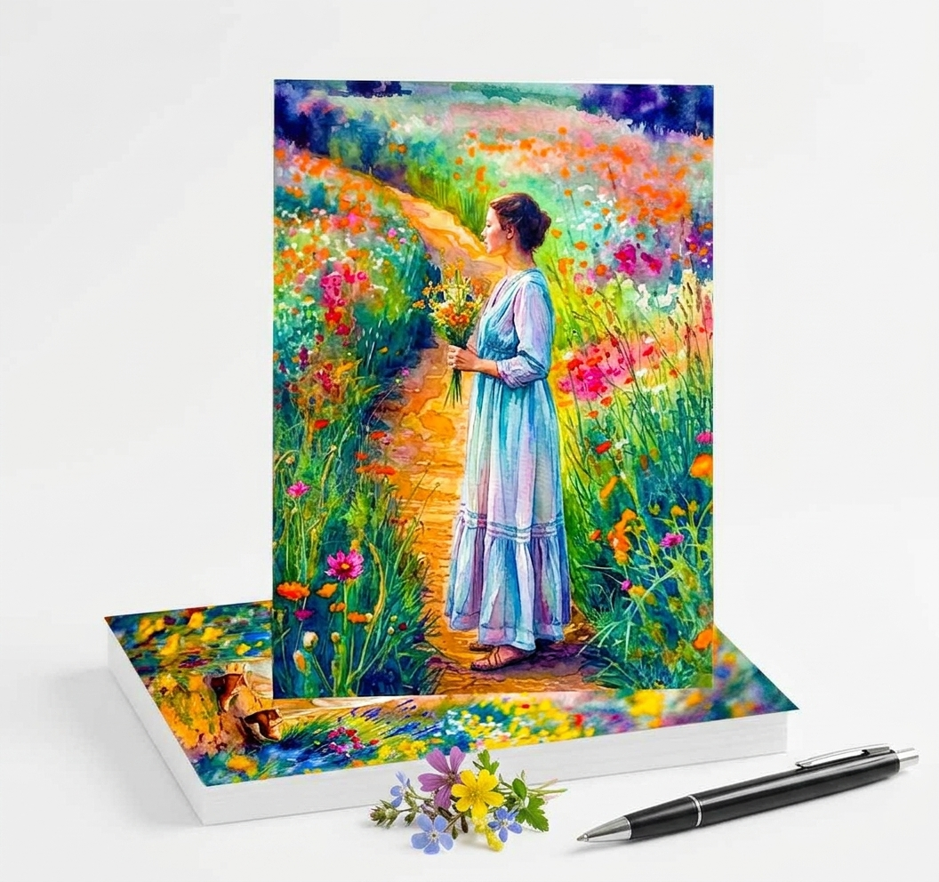 Notecard with a colorful illustration of a woman in a garden on a white background, small sprig of flowers and pen in front of card.