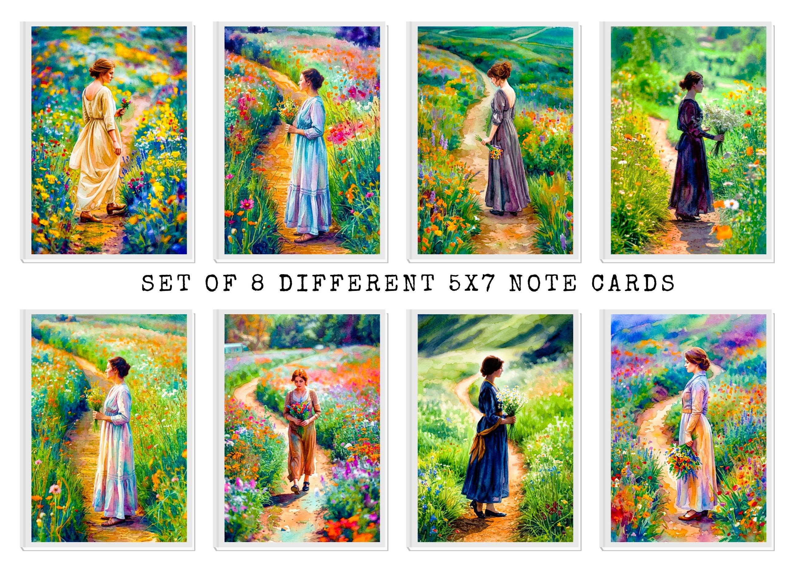 Set of 8 different 5x7 note cards featuring women in a garden.