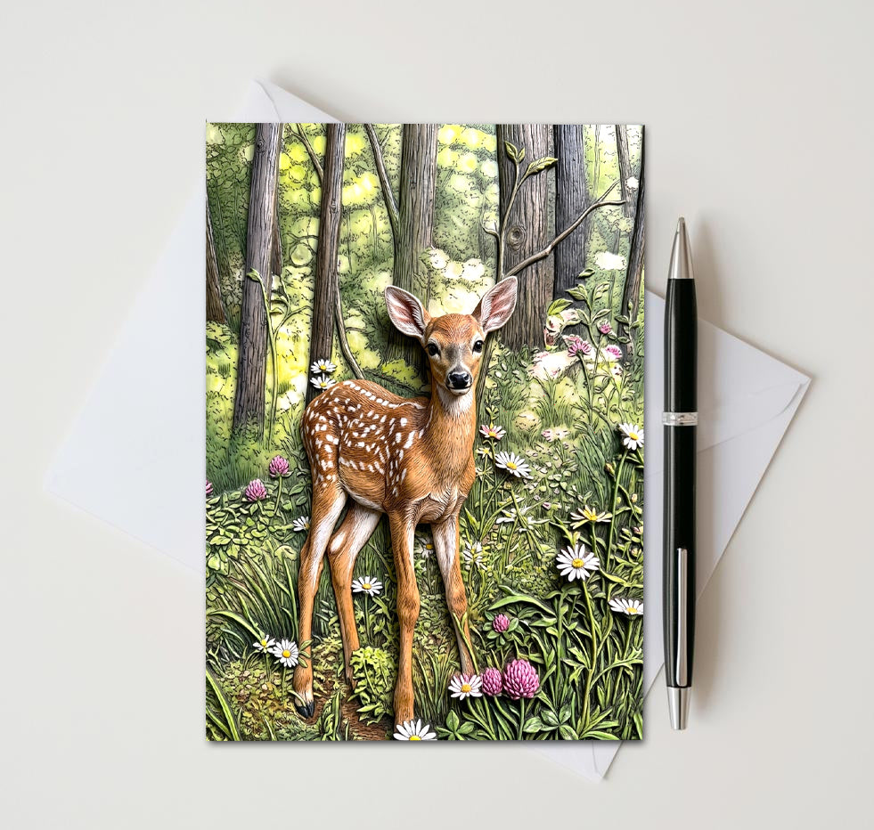 White Tailed Deer Fawn Note Cards, Set of 8 Handmade 5x7 Woodland Nature Greeting Cards