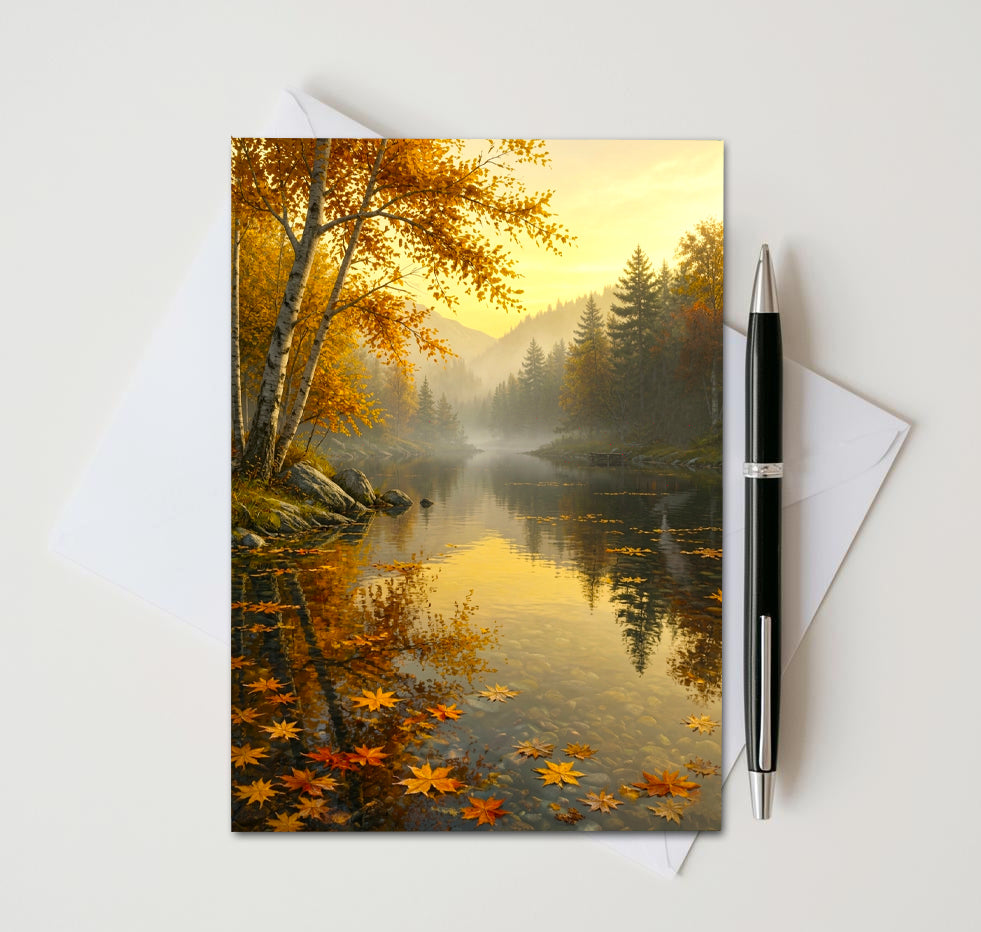 Autumn River Note Cards Set of 8, Fall Lake Landscape Blank Greeting Cards, Scenic Nature Foliage Stationery, 5x7 Cards with Envelopes
