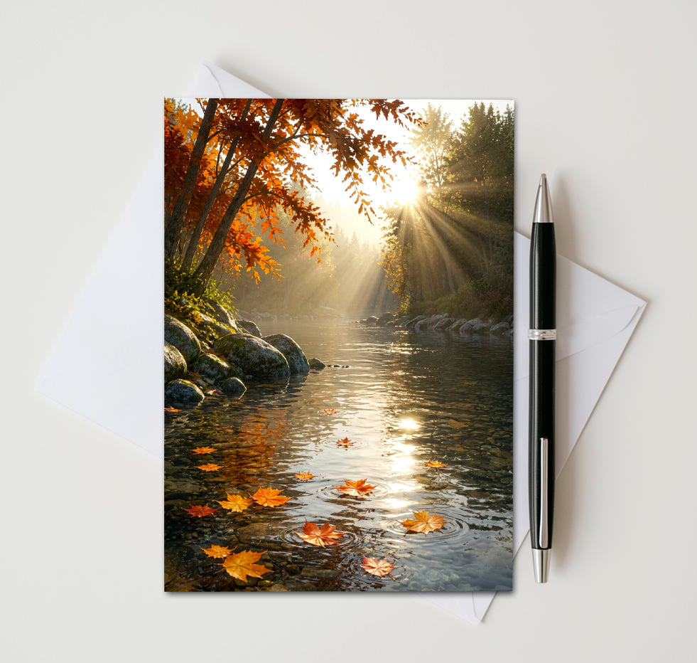 Autumn River Note Cards Set of 8, Fall Lake Landscape Blank Greeting Cards, Scenic Nature Foliage Stationery, 5x7 Cards with Envelopes
