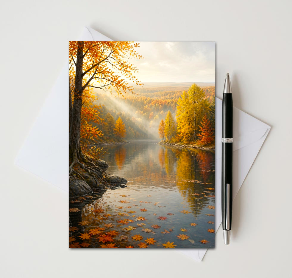 Autumn River Note Cards Set of 8, Fall Lake Landscape Blank Greeting Cards, Scenic Nature Foliage Stationery, 5x7 Cards with Envelopes
