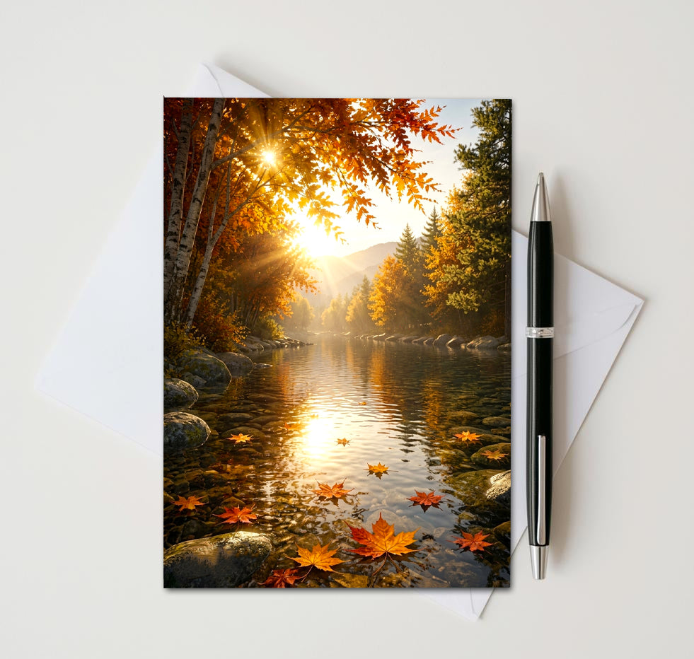 Autumn River Note Cards Set of 8, Fall Lake Landscape Blank Greeting Cards, Scenic Nature Foliage Stationery, 5x7 Cards with Envelopes