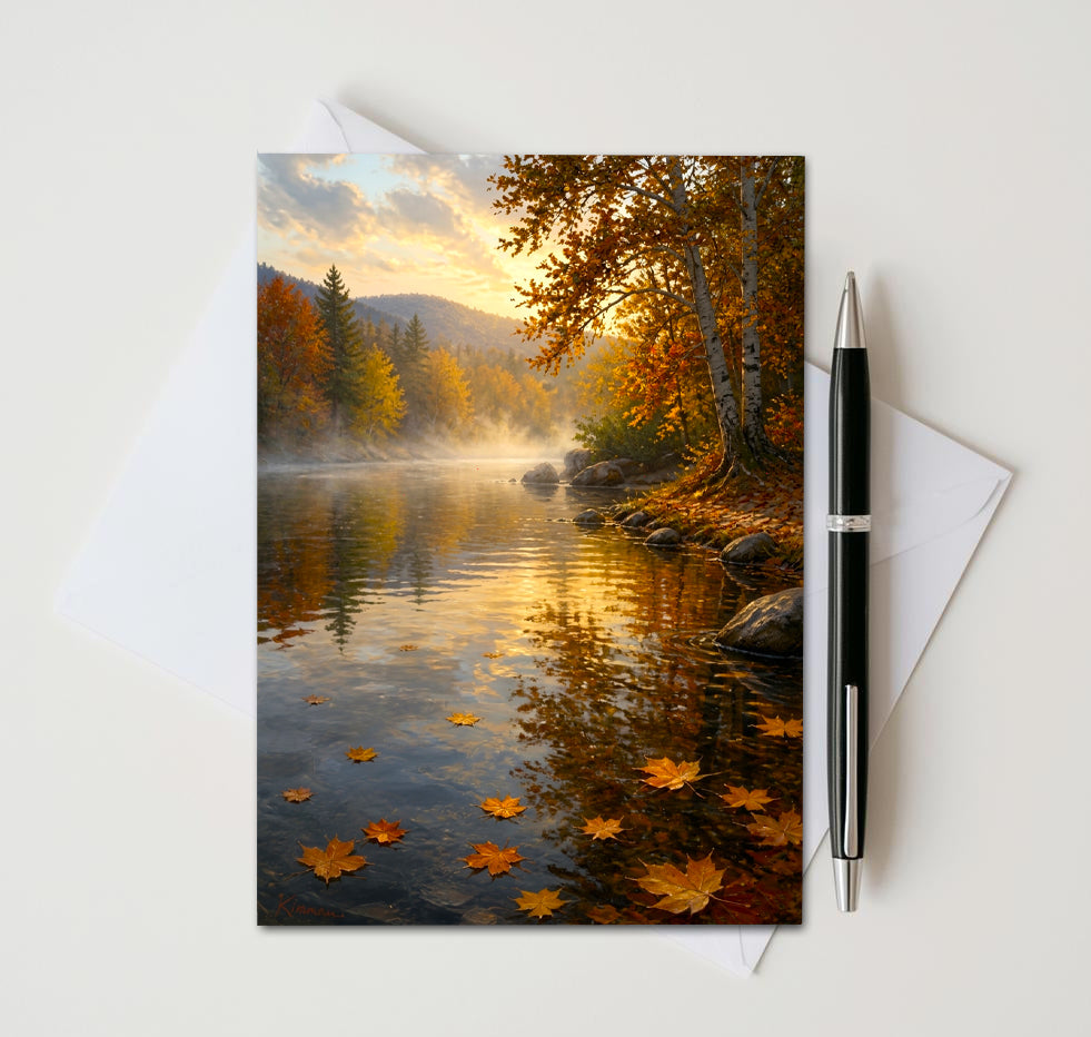 Autumn River Note Cards Set of 8, Fall Lake Landscape Blank Greeting Cards, Scenic Nature Foliage Stationery, 5x7 Cards with Envelopes