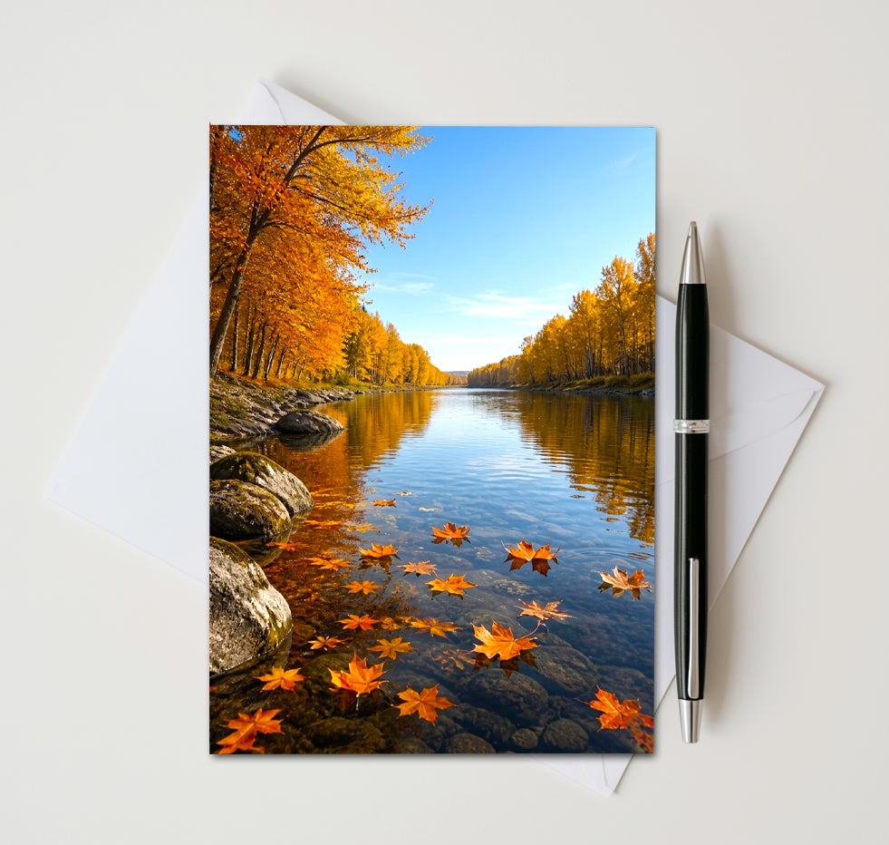 Autumn River Note Cards Set of 8, Fall Lake Landscape Blank Greeting Cards, Scenic Nature Foliage Stationery, 5x7 Cards with Envelopes