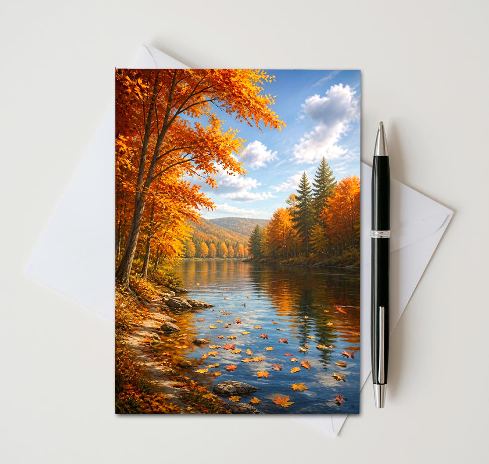 Autumn River Note Cards Set of 8, Fall Lake Landscape Blank Greeting Cards, Scenic Nature Foliage Stationery, 5x7 Cards with Envelopes