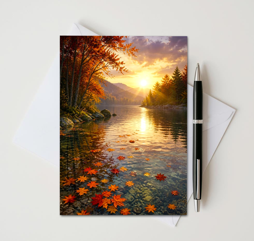 Autumn River Note Cards Set of 8, Fall Lake Landscape Blank Greeting Cards, Scenic Nature Foliage Stationery, 5x7 Cards with Envelopes