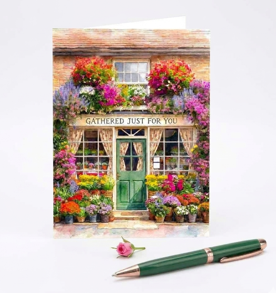 Greeting card with a floral shop design and a pen on a white background