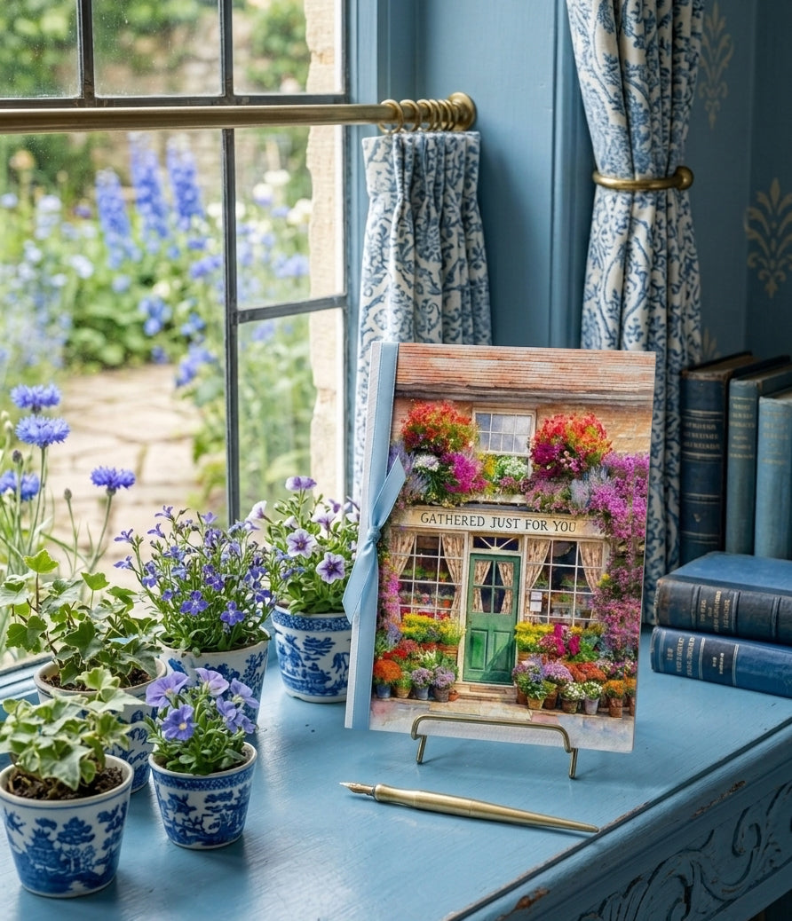 Flower shop note card on a stand next to potted plants on a blue surface with a window in the background.